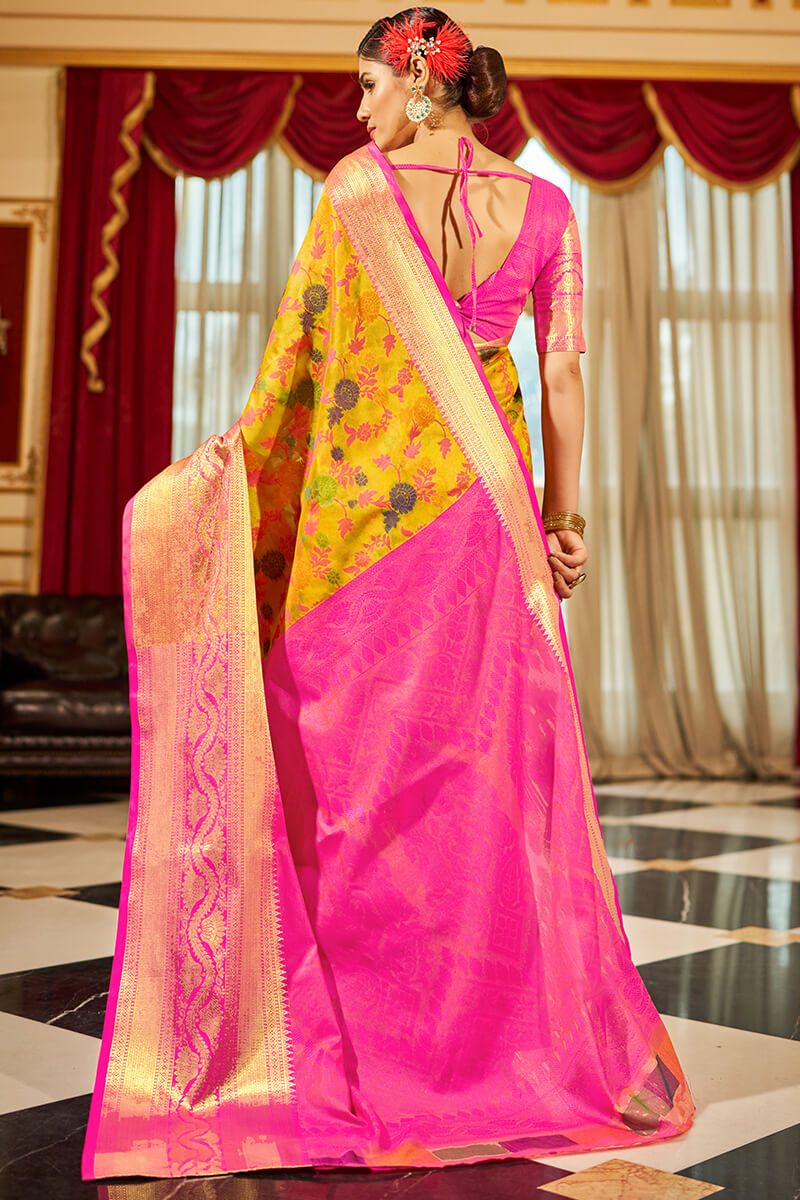 Gossamer Yellow Soft Banarasi Silk Saree With Devastating Blouse Piece