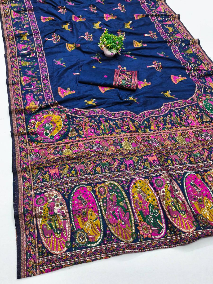 Conflate Navy Blue Nylon Dola Pashmina Saree With Angelic Blouse Piece ...