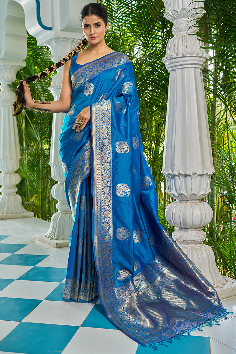 Gorgeous Blue Soft Banarasi Silk Saree With Ravishing Blouse Piece