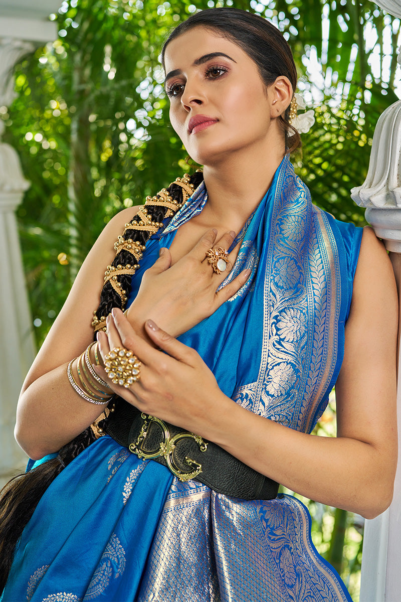 Gorgeous Blue Soft Banarasi Silk Saree With Ravishing Blouse Piece