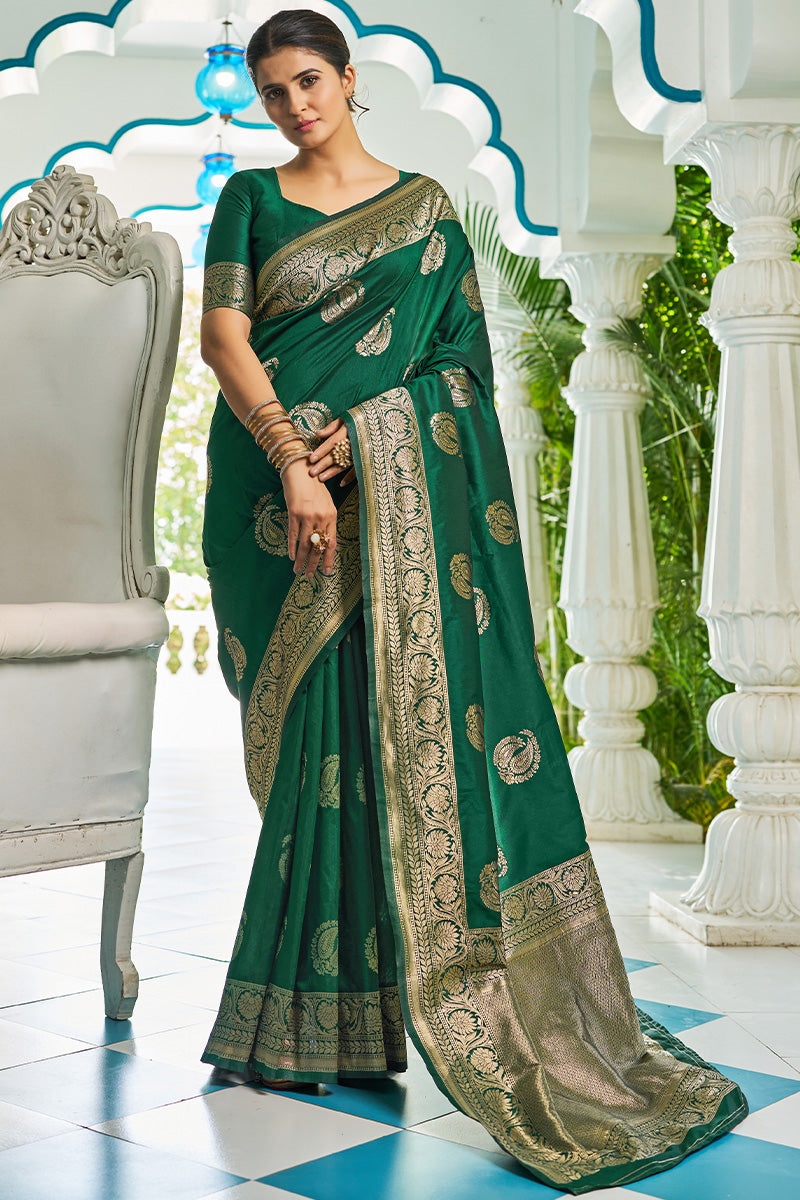 Desirable Dark Green Soft Banarasi Silk Saree With Cynosure Blouse Piece