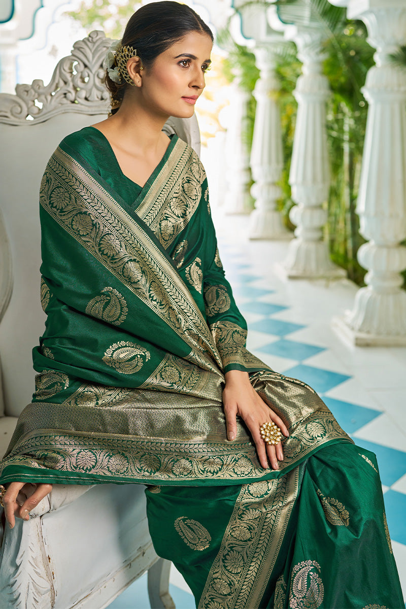 Desirable Dark Green Soft Banarasi Silk Saree With Cynosure Blouse Piece