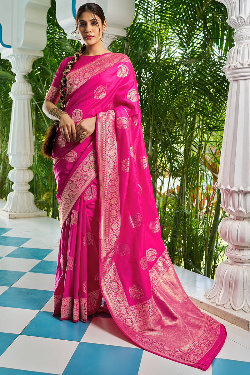 Mellifluous Dark Pink Soft Banarasi Silk Saree With Nectarous Blouse Piece