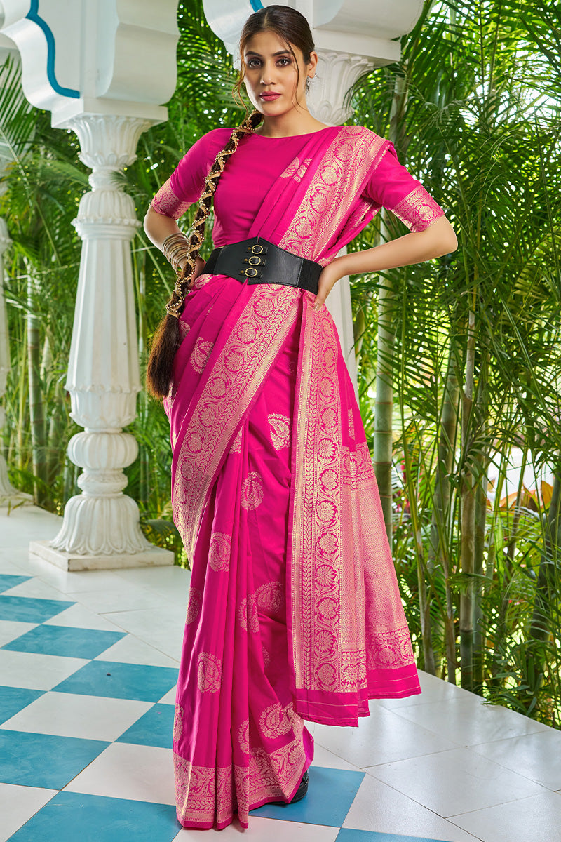 Mellifluous Dark Pink Soft Banarasi Silk Saree With Nectarous Blouse Piece