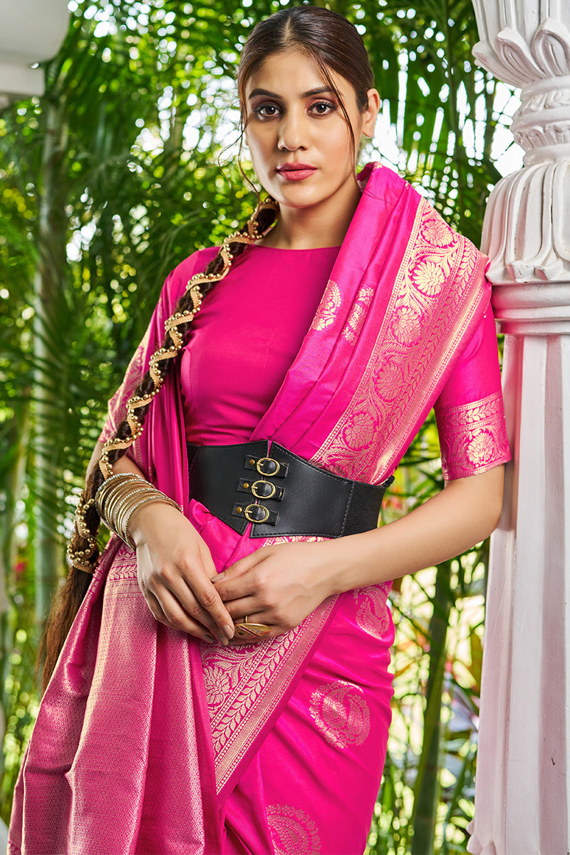 Mellifluous Dark Pink Soft Banarasi Silk Saree With Nectarous Blouse Piece