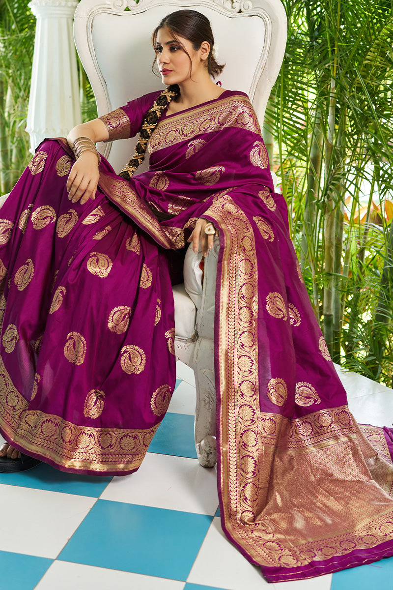 Opulent Purple Soft Banarasi Silk Saree With Prodigal Blouse Piece