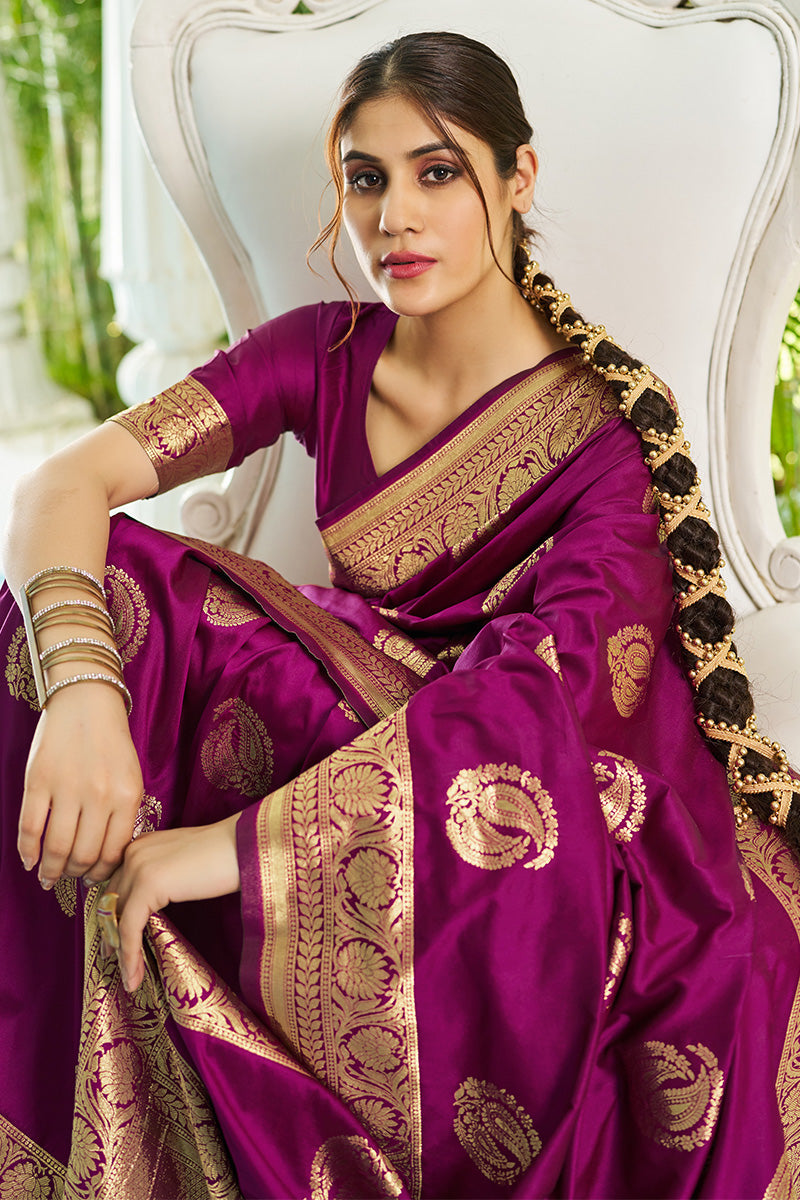 Opulent Purple Soft Banarasi Silk Saree With Prodigal Blouse Piece