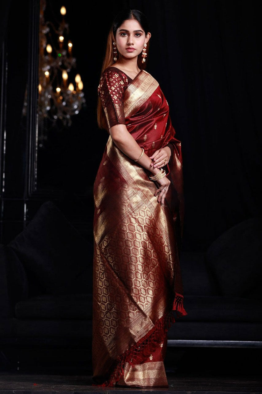 Desultory Maroon Banarasi Silk Saree With Enamoring Blouse Piece