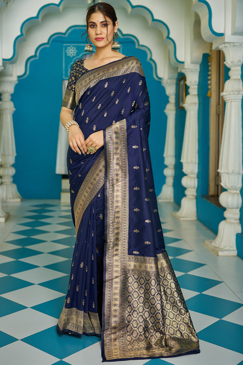 Diaphanous Navy Blue Soft Banarasi Silk Saree With Entrancing Blouse Piece