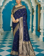 Diaphanous Navy Blue Soft Banarasi Silk Saree With Entrancing Blouse Piece