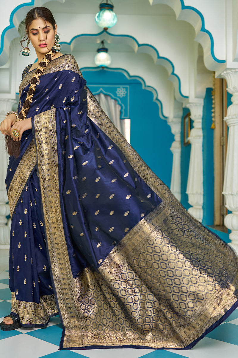 Diaphanous Navy Blue Soft Banarasi Silk Saree With Entrancing Blouse Piece