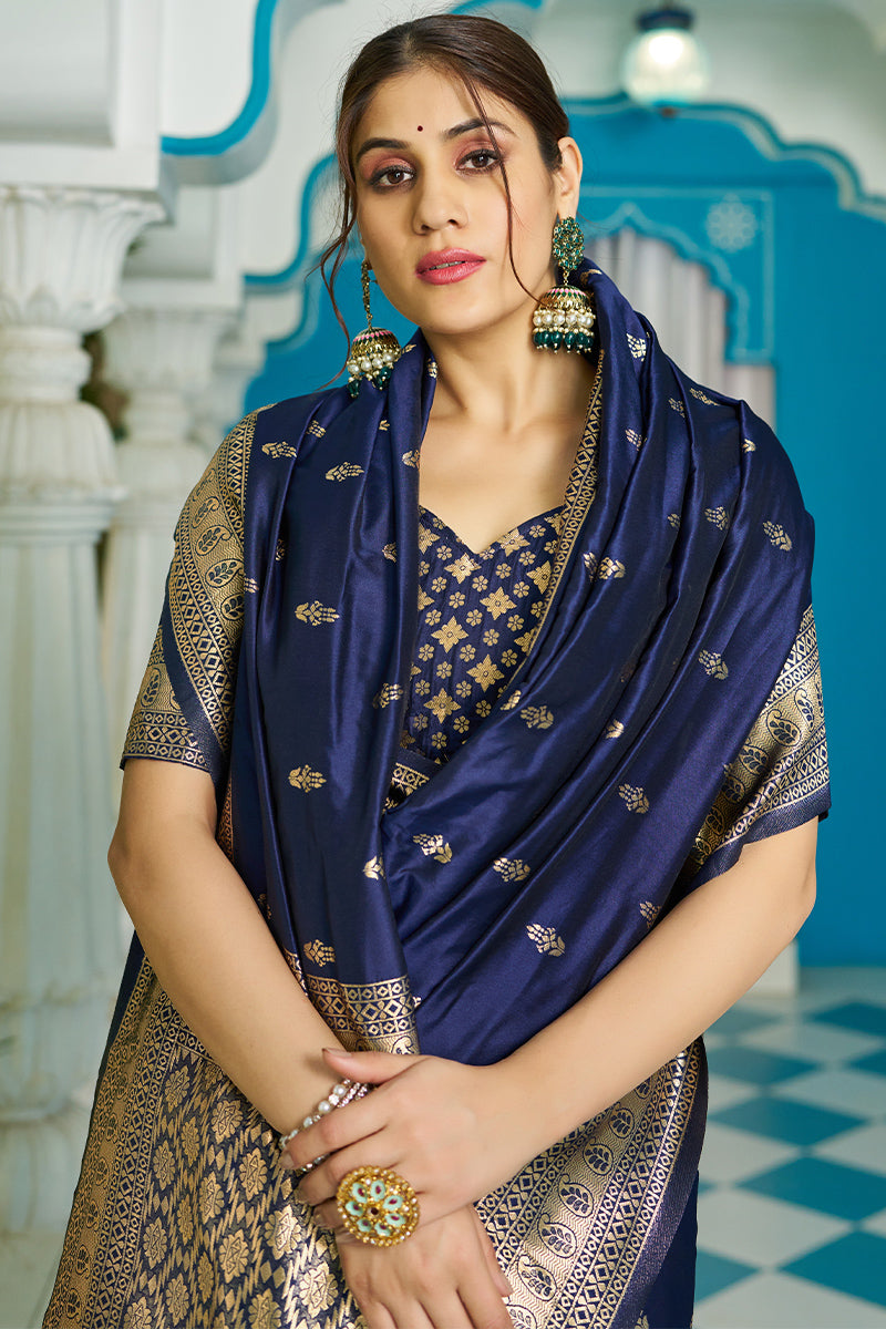 Diaphanous Navy Blue Soft Banarasi Silk Saree With Entrancing Blouse Piece