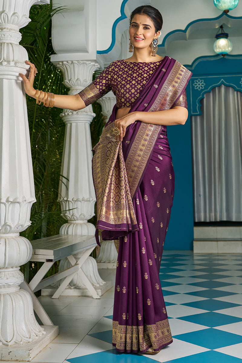 Mesmeric Purple Soft Banarasi Silk Saree With Invaluable Blouse Piece