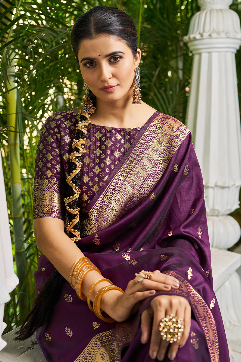 Mesmeric Purple Soft Banarasi Silk Saree With Invaluable Blouse Piece