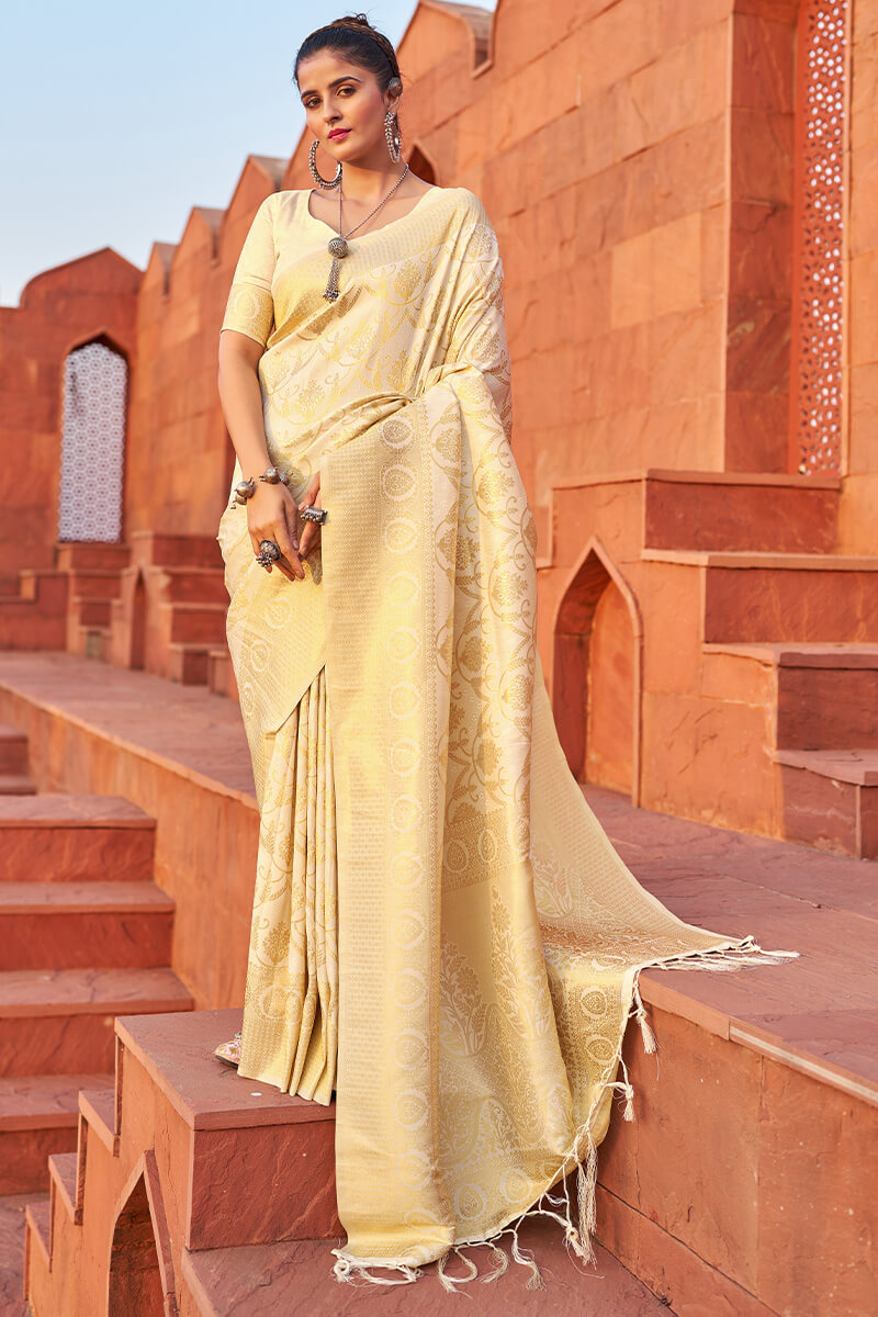 Flattering Beige Banarasi Silk Saree With Jazzy Blouse Piece