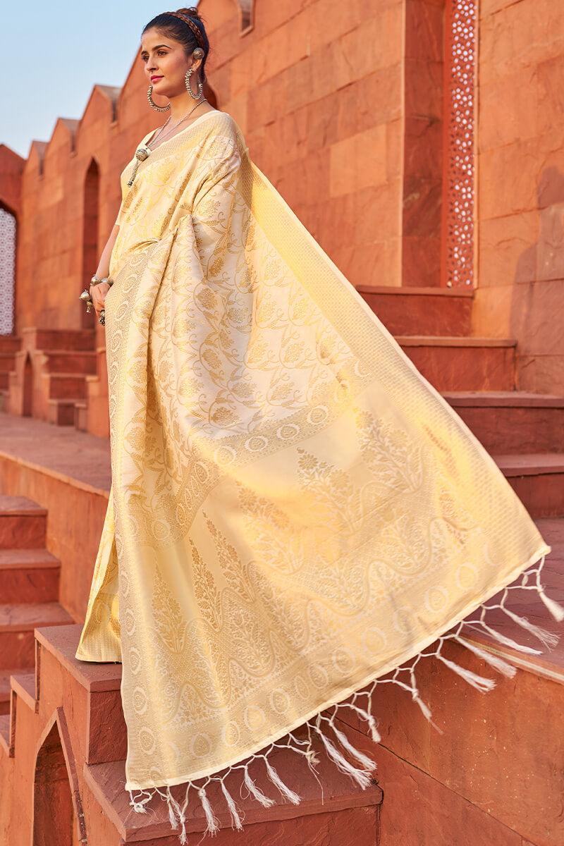 Flattering Beige Banarasi Silk Saree With Jazzy Blouse Piece