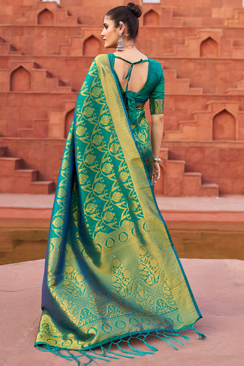 Desuetude Rama Banarasi Silk Saree With Gossamer Blouse Piece