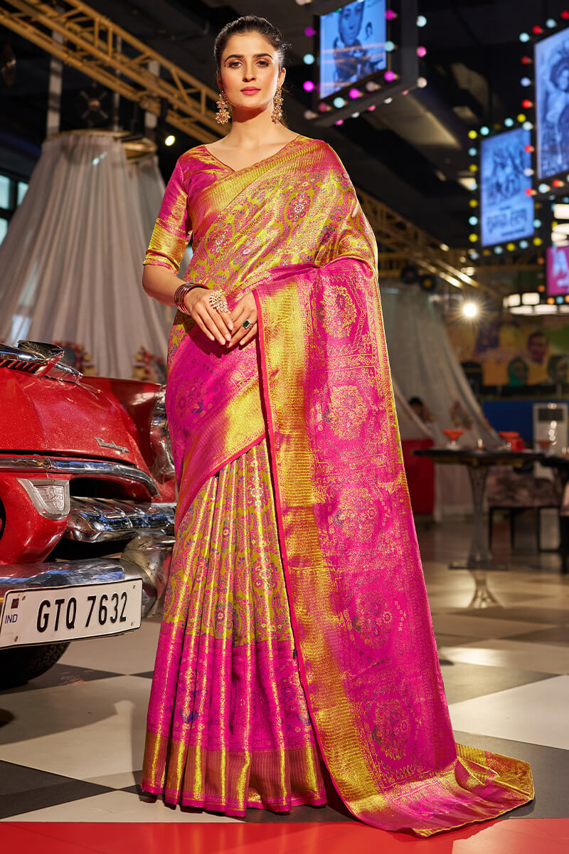 Scintillating Dark Pink Kanjivaram Silk Saree With Scrumptious Blouse Piece