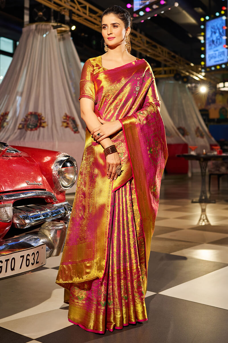 Murmurous Golden Kanjivaram Silk Saree With Beleaguer Blouse Piece