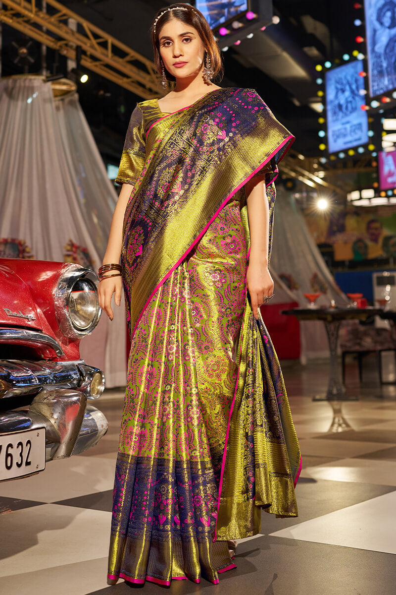 An insanely Mehndi Kanjivaram Silk Saree With Majesty Blouse Piece