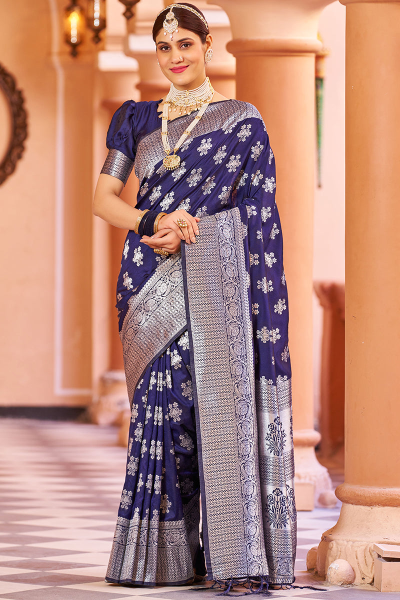 Marvellous Navy Blue Soft Banarasi Silk Saree With Fairytale Blouse Piece