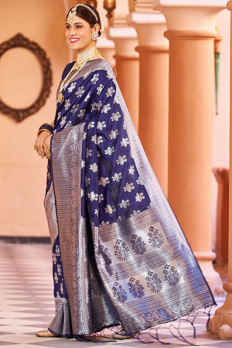 Marvellous Navy Blue Soft Banarasi Silk Saree With Fairytale Blouse Piece