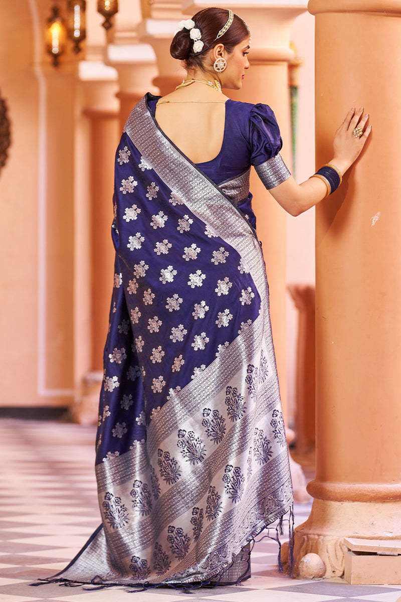 Marvellous Navy Blue Soft Banarasi Silk Saree With Fairytale Blouse Piece