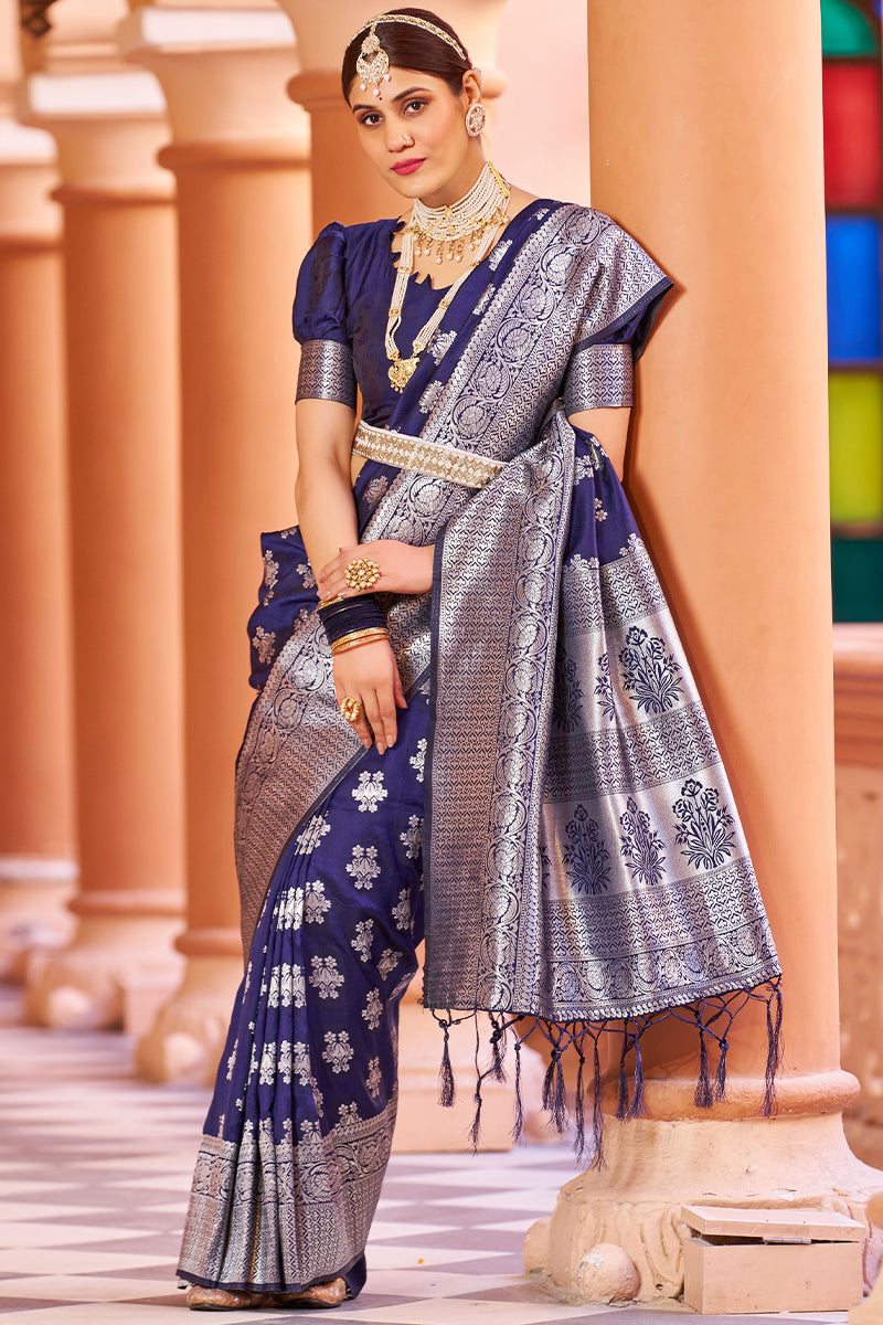 Marvellous Navy Blue Soft Banarasi Silk Saree With Fairytale Blouse Piece