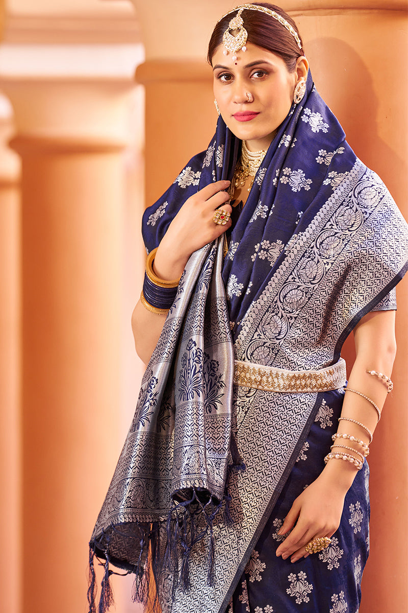 Marvellous Navy Blue Soft Banarasi Silk Saree With Fairytale Blouse Piece