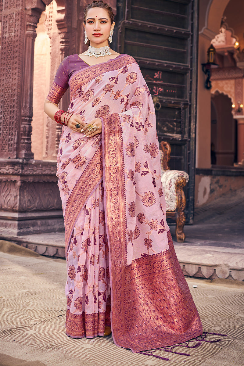 Admirable Lavender Orgeanza Silk Saree With Ravishing Blouse Piece