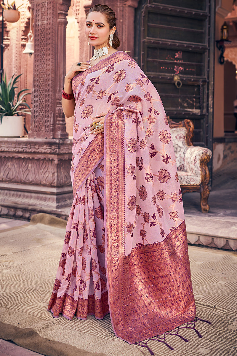 Admirable Lavender Orgeanza Silk Saree With Ravishing Blouse Piece