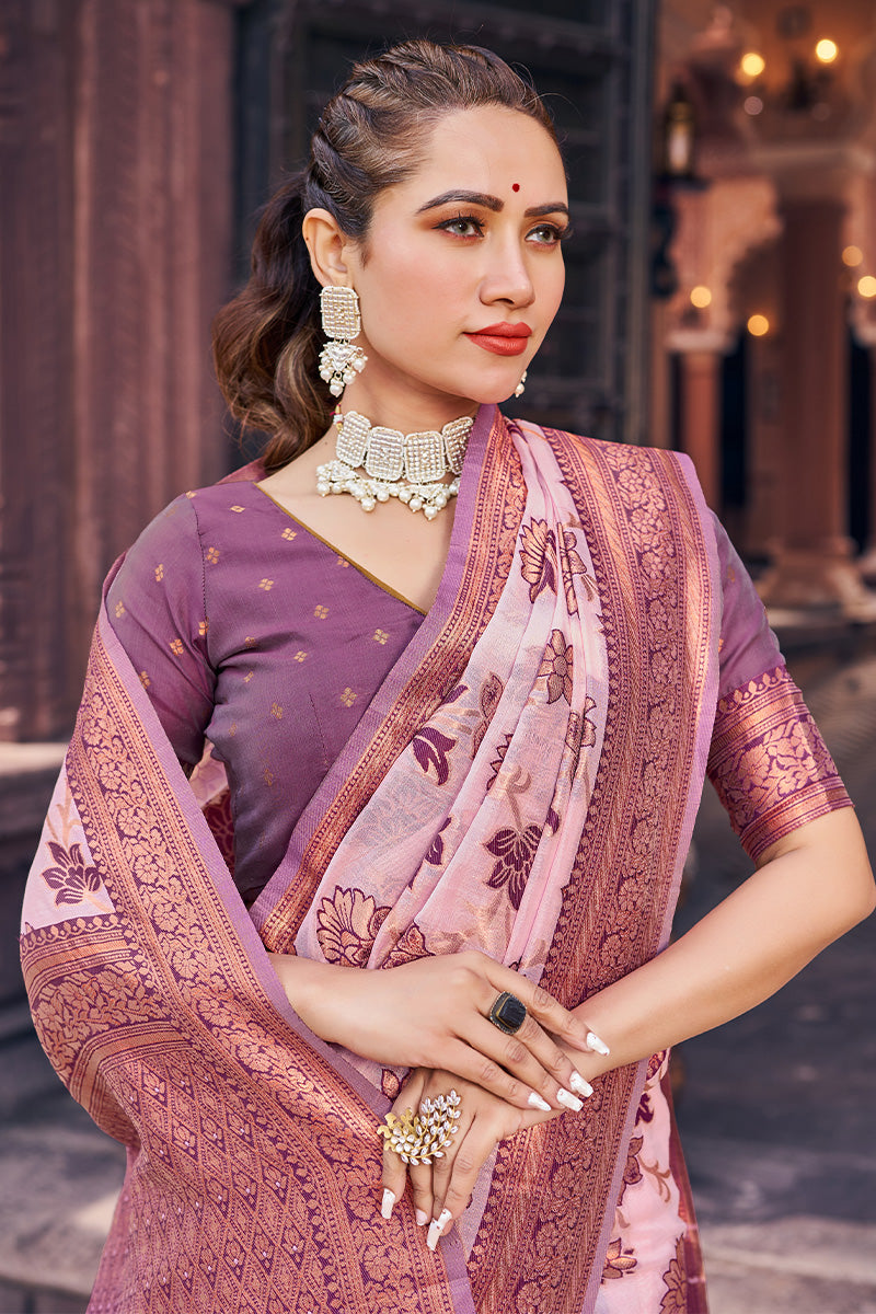 Admirable Lavender Orgeanza Silk Saree With Ravishing Blouse Piece