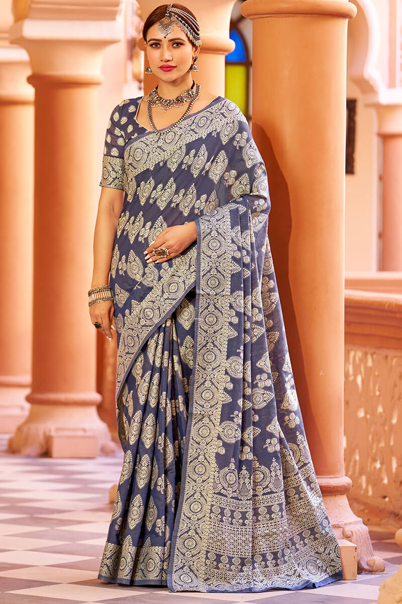 Glittering Navy Blue Lucknowi work Silk Saree With Pleasurable Blouse Piece