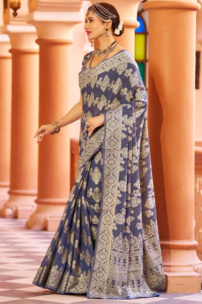 Glittering Navy Blue Lucknowi work Silk Saree With Pleasurable Blouse Piece