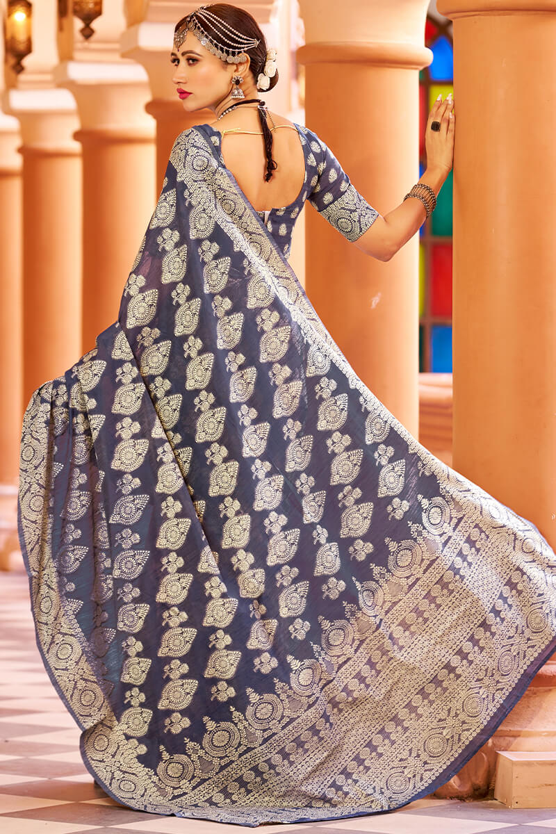 Glittering Navy Blue Lucknowi work Silk Saree With Pleasurable Blouse Piece