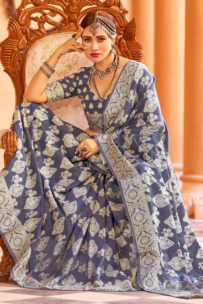 Glittering Navy Blue Lucknowi work Silk Saree With Pleasurable Blouse Piece