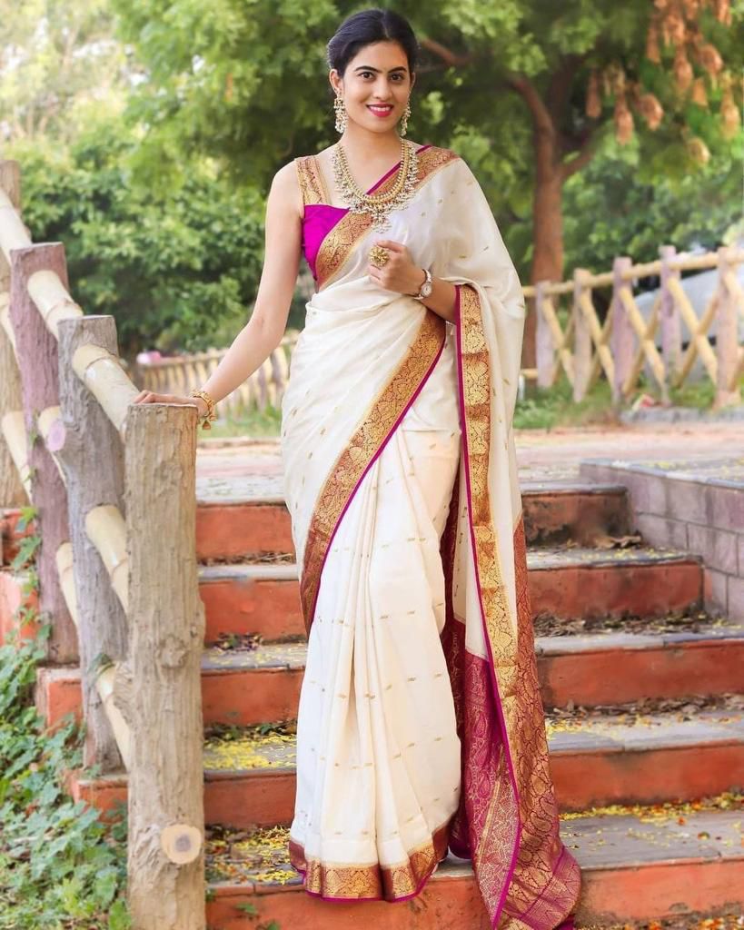 Surreptitious Off White Soft Silk Saree With Inimitable Blouse Piece