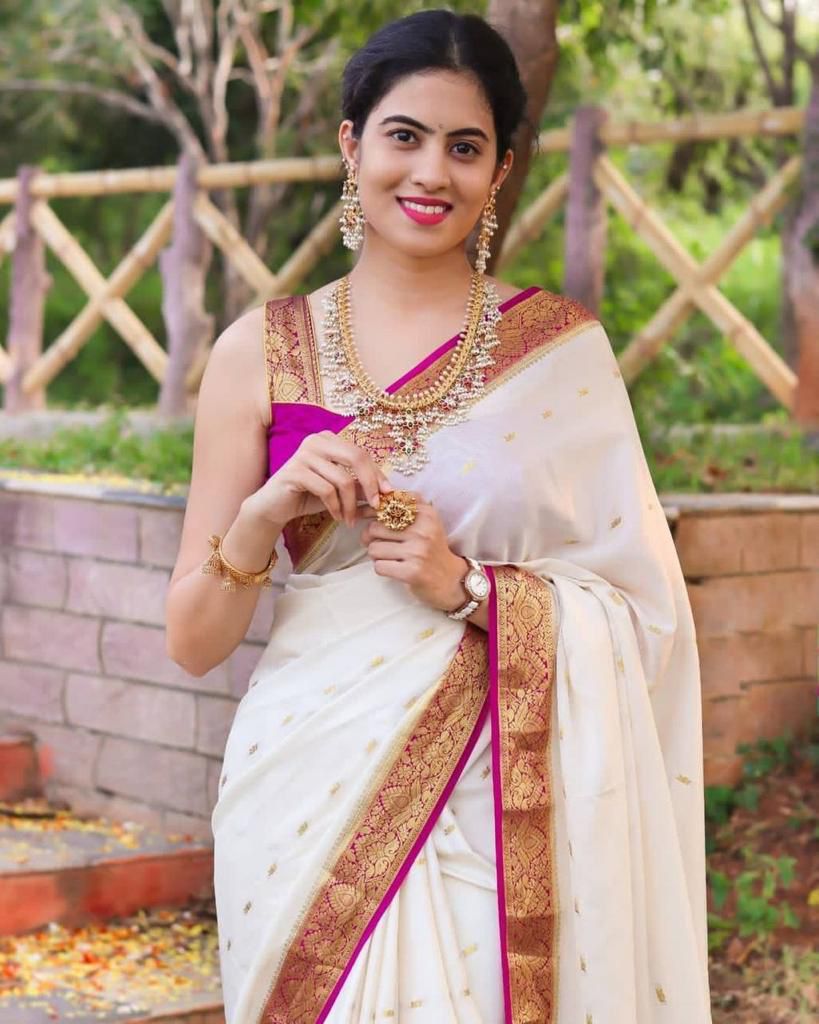 Surreptitious Off White Soft Silk Saree With Inimitable Blouse Piece