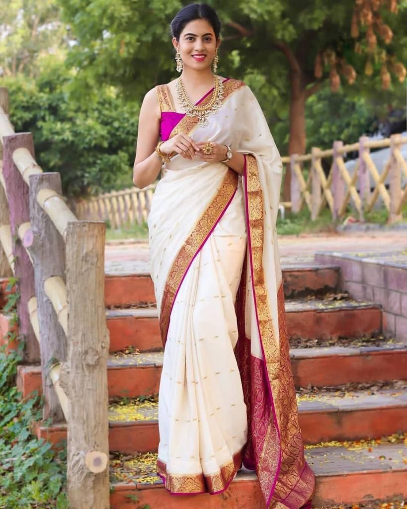 Surreptitious Off White Soft Silk Saree With Inimitable Blouse Piece