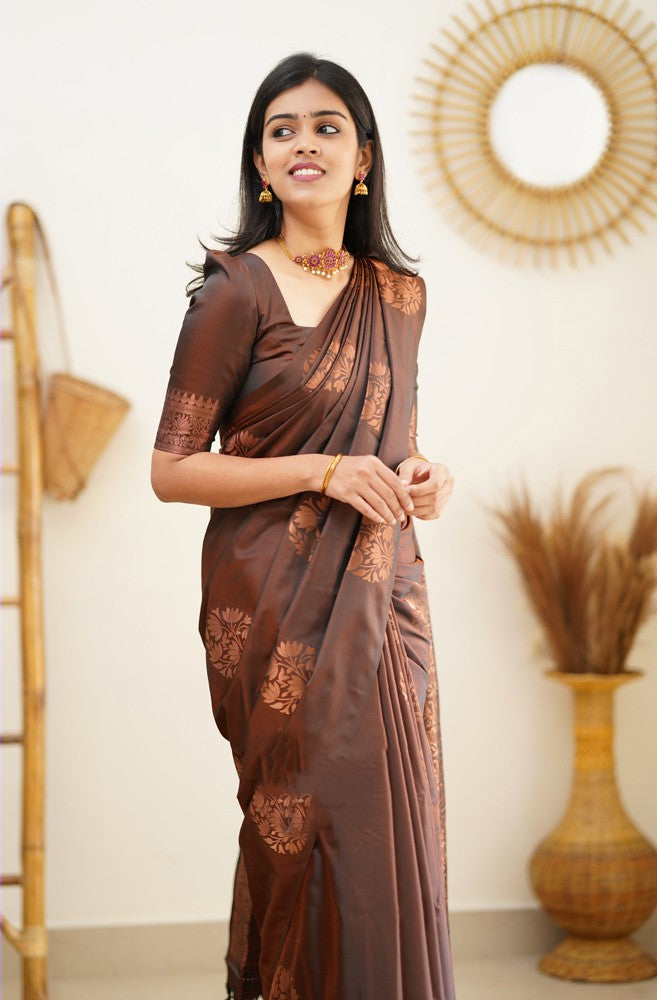 Winsome Brown Soft Silk Saree With Easy on the eyes Blouse Piece