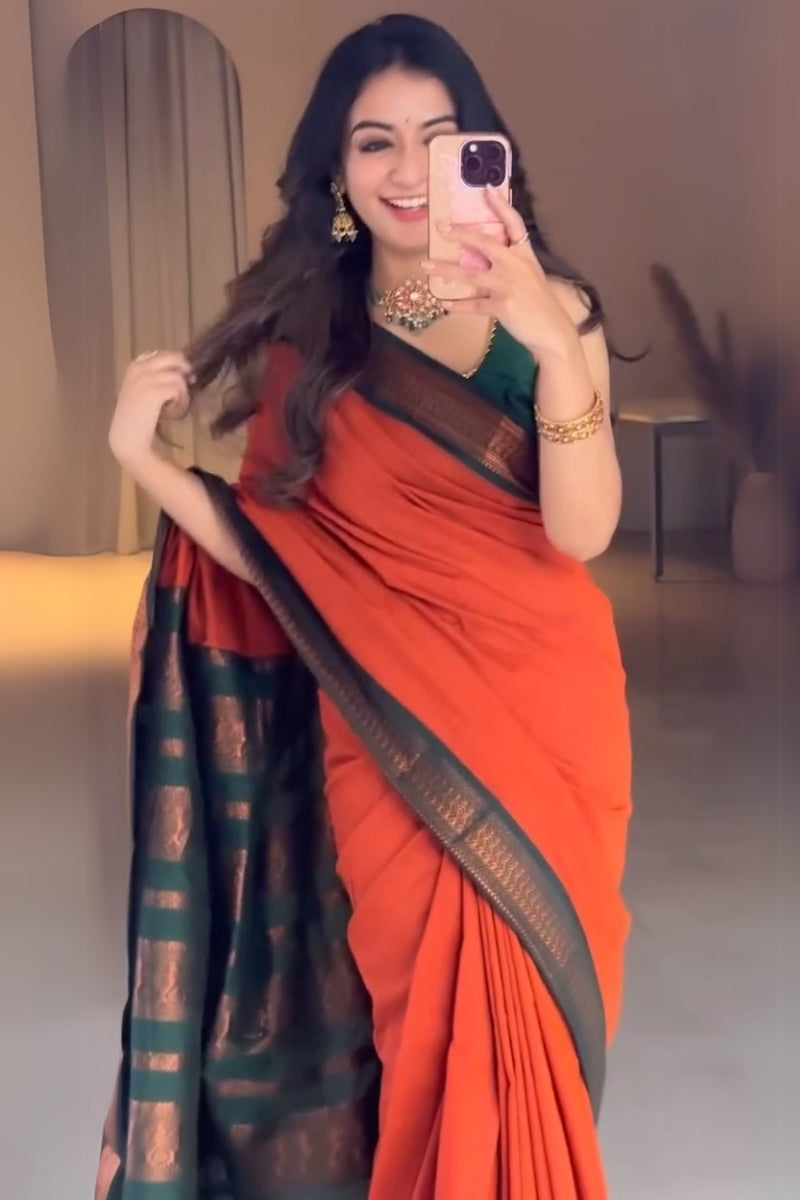Proficient Orange Soft Silk Saree With Allure Blouse Piece