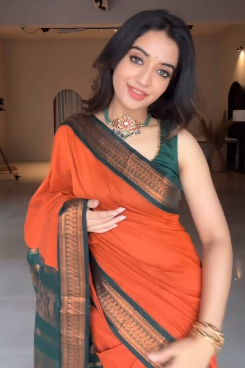 Proficient Orange Soft Silk Saree With Allure Blouse Piece