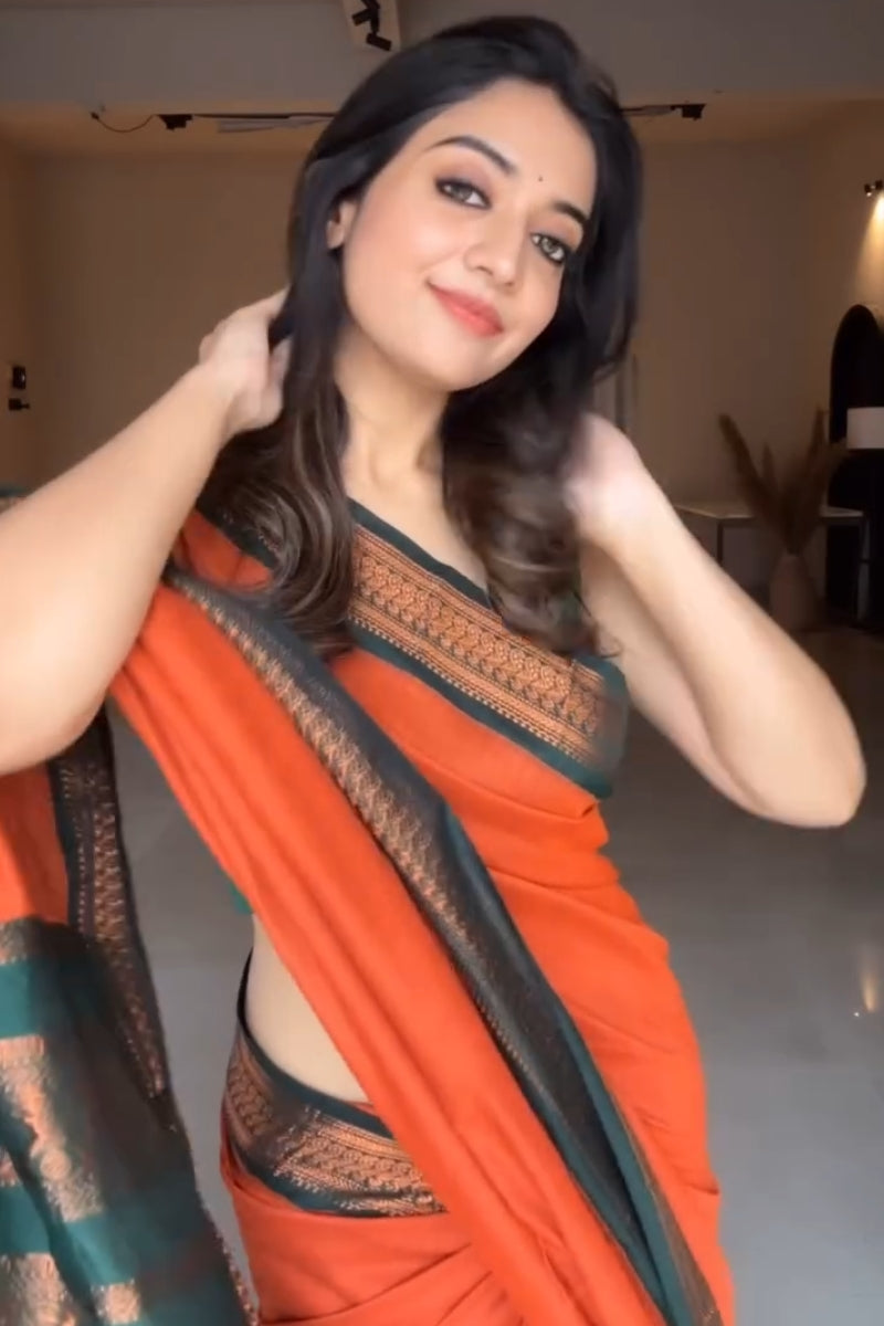 Proficient Orange Soft Silk Saree With Allure Blouse Piece