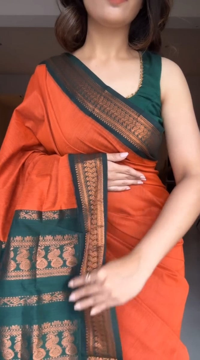 Proficient Orange Soft Silk Saree With Allure Blouse Piece