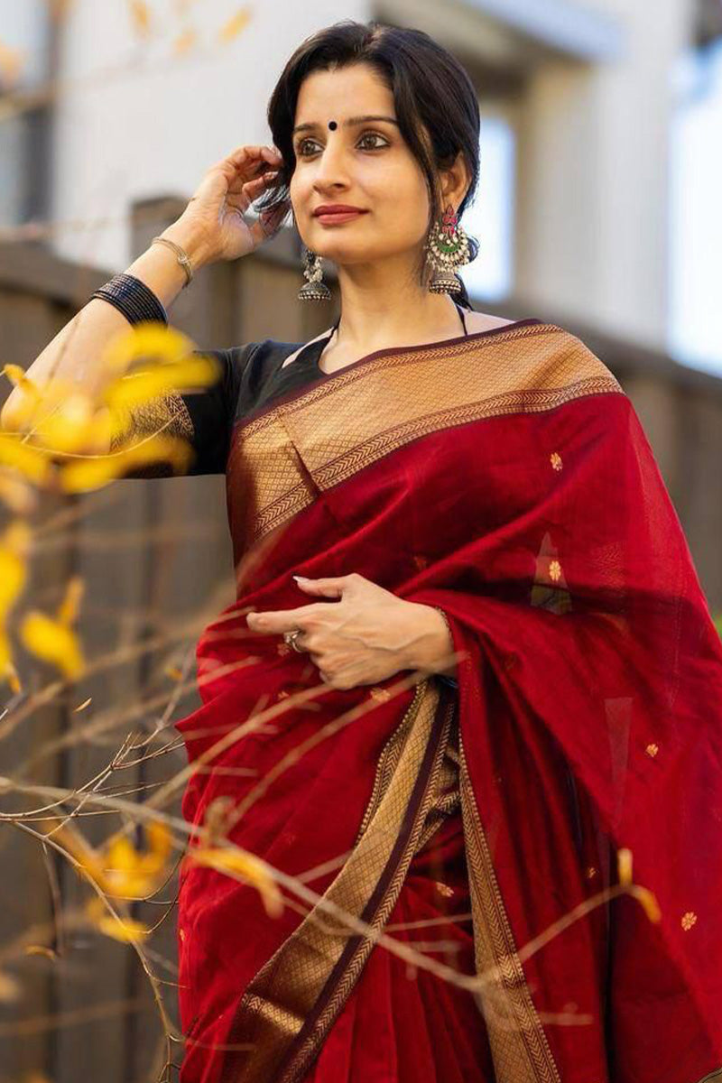 Eloquence Red Cotton Silk Saree With Palimpsest Blouse Piece