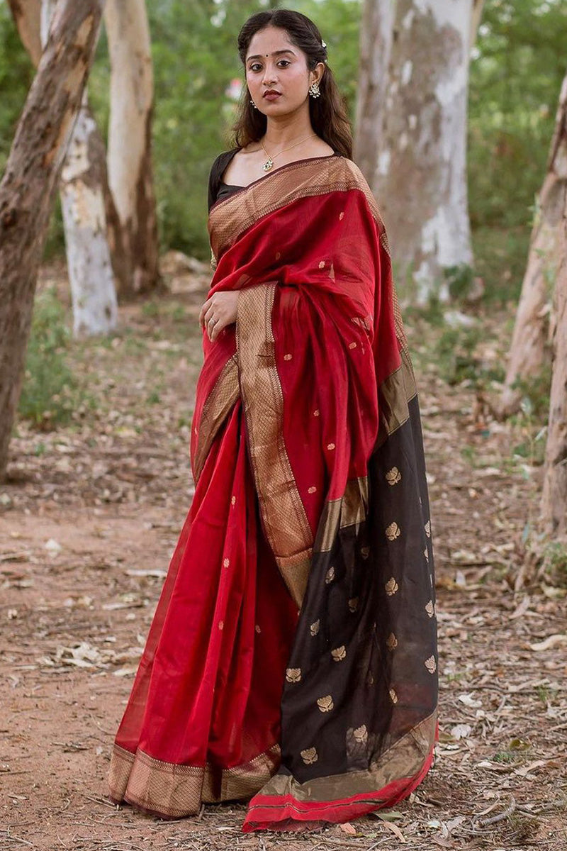 Eloquence Red Cotton Silk Saree With Palimpsest Blouse Piece