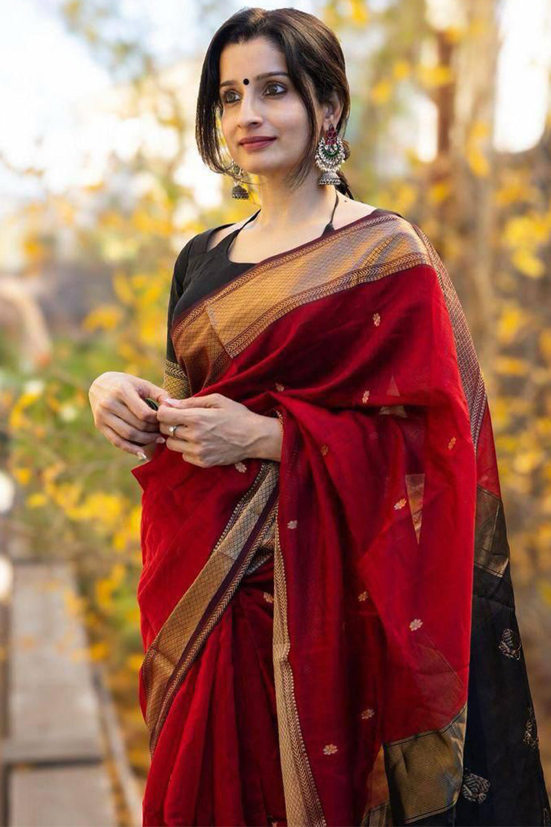 Eloquence Red Cotton Silk Saree With Palimpsest Blouse Piece