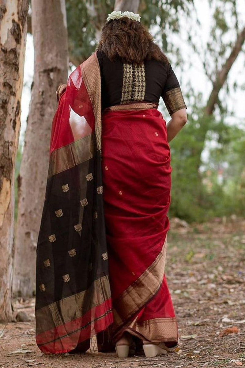 Eloquence Red Cotton Silk Saree With Palimpsest Blouse Piece