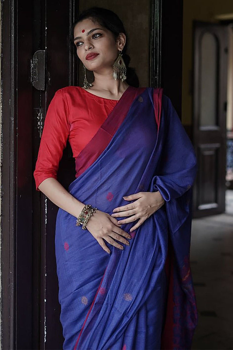 Intricate Blue Cotton Silk Saree With Admirable Blouse Piece