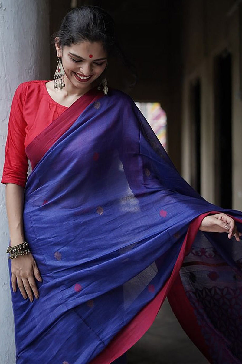 Intricate Blue Cotton Silk Saree With Admirable Blouse Piece